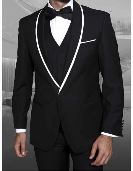 Men's 1 Button Black Blazer Shawl Lapel With Trim Sport Coat Dinner Jacket With Trim Wool