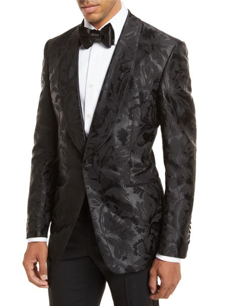  Men's 1 Button Black Floral Jacquard Shawl Lapel Long Sleeve Dinner Jacket
