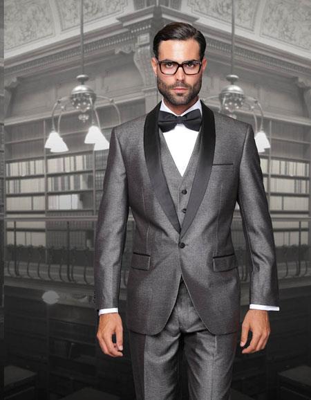 One Button Classic Three Piece Sharkskin Suit With Solid Liquid Jet Black Satin Shawl Collar Gray 