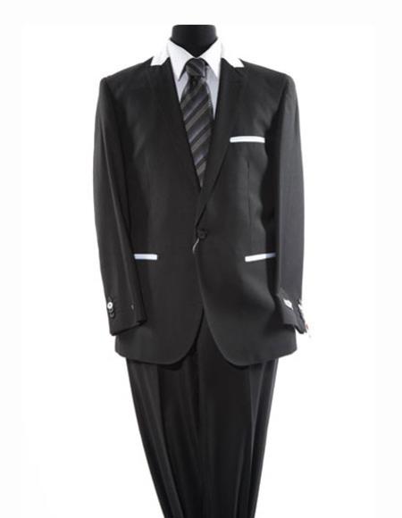  Men's 1 Button Solid Black Peak Lapel Single Breasted Trimmed Suit