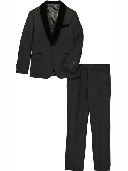  3 Pc Velvet Collar Shawl Lapel Black Tuxedo Suit