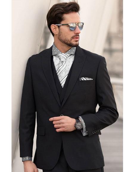 Men's 1 Button Single Breasted Wool Black Peak Lapel Suits