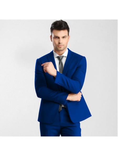  Men's 1 Button Single Breasted Peak Lapel Slim Fit Blue Suit with Flat Front Pant Clearance Sale Online
