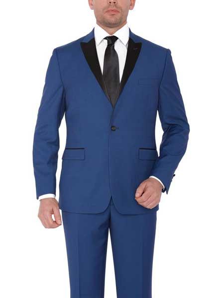  Men's 1 Button Single Breasted Platinum Slim fit 1920s tuxedo style Wide Satin Peak lapel Blue