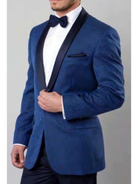  Men's Blue 1 Button Tuxedo Slim Fit Blazer Shawl Colar Paisley Single Breasted