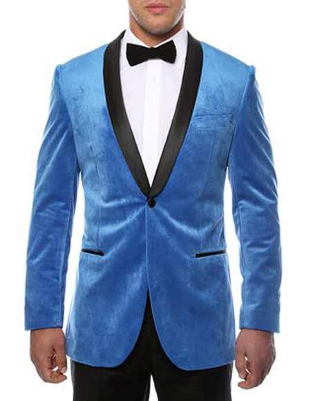   men's 1 Button Turquoise ~ Blue Shawl Lapel Side Vented Black Velvet Velour With Sheen