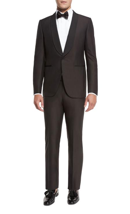  Men's Brown Grosgrain Shawl Collar Double Vent Tuxedo Suit