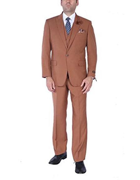  men's Stylish 1 button Athletic Cut Suits Classic Fit  double breasted vest peak lapel Brown suits pleated pants Clearance Sale Online