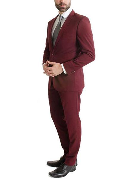  Men's L & S France 2 Piece Slim Fit One Button Notch Lapel Burgundy Suit
