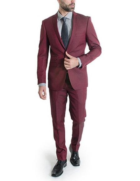 Men's Ticket pocket suit 1 button Slim Fit Burgundy Suits - Single Button Suit
