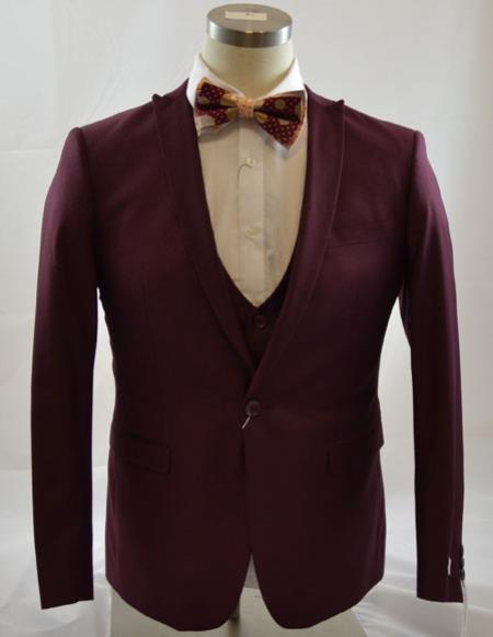  men's 1 Button Peak Lapel Vested suit Peak Lapel Burgundy 3 Piece Suits Slim Fit Tapper Cut Clearance Sale Online