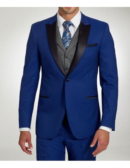  men's Stylish One Button Peak Black Lapel Cobalt Blue Trim Fit Suit 