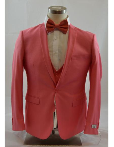  men's 1 Button Peak Lapel Vested Coral suit Peak Lapel 3 Piece Suits Slim Fit Tapper Cut Clearance Sale Online