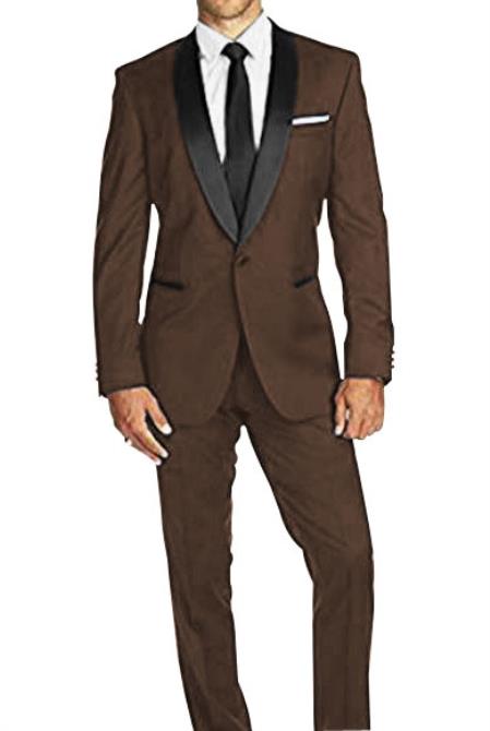  Authentic Braveman Men's Slim Fit 1 Button Satin Shawl Lapel Dark Brown Tuxedo Suit