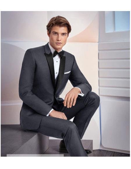  Men's Single Breasted 1 Button Black Satin Peak Lapel Grey Suit