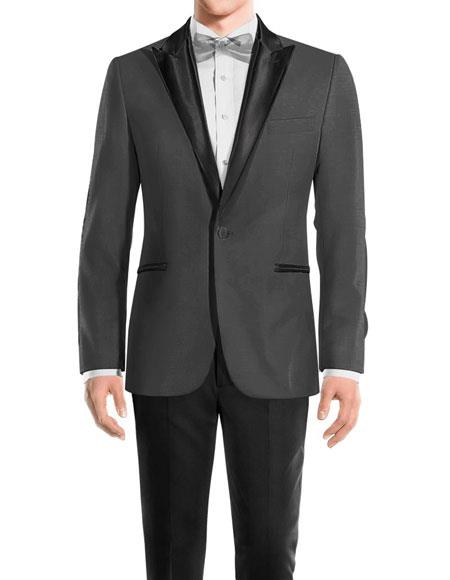  men's One Button Peak Black Lapel Medium Grey Wool 1920s Tuxedo Style