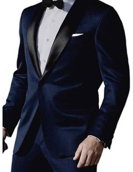  Men's 1 Button James Bond Satin Shawl Lapel  Wool Midnight Blue Skyfall Tuxedo Suit