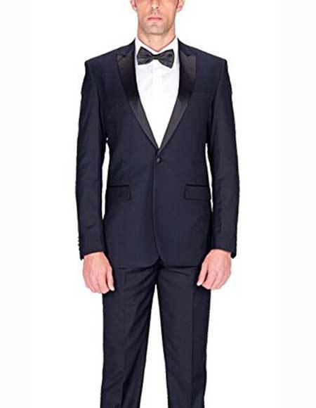  Men's 1 Button Authentic Braveman Navy Blue Single Breasted 1920s tuxedo style Slim Fit Suit With Satin Peak Lapels