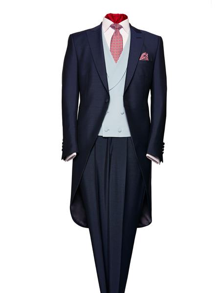  Men's 1 Button Navy Blue Mohair And Wool Vested Morning Suit 
