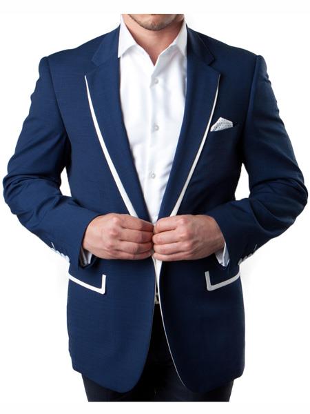 Men's 1 Button Navy Summer Blazer with White Trim Accents Tuxedo Dinner Jacket