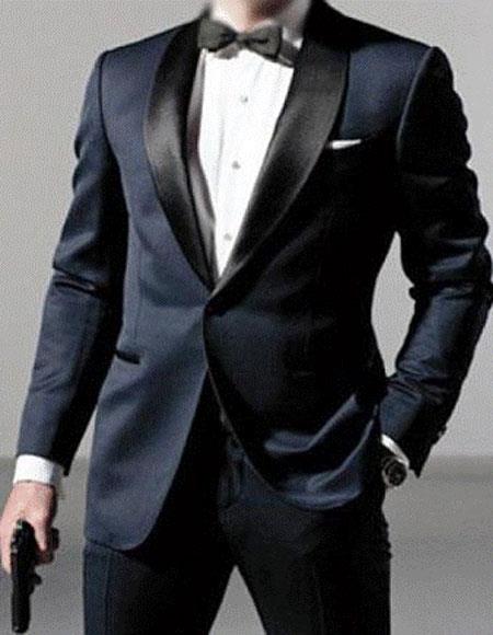  Men’s Satin Shawl Lapel navy tuxedo suit