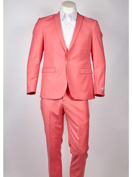 One Button Single Breasted Slim narrow Style Fit Peach ~ Pinkish ~ Coral Peak Lapel Suit - Slim Fit Cut