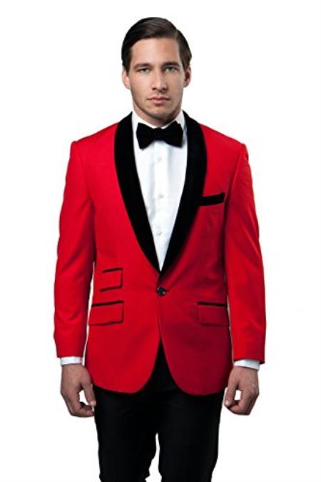  Men's Tazio 1 Button Red Shawl Collar Velvet Slim Fit Blazer