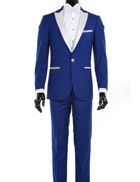  men's Royal Blue Suit For Men Perfect  1 Button Single Breasted White Satin Lapel Tuxedo Suit Clearance Sale Online