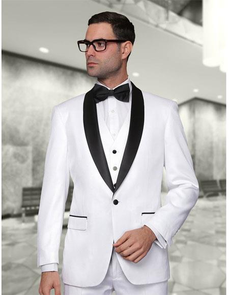  Men's Statement Single Breasted White Modern Fit 3 Piece Shawl Collar Tuxedo