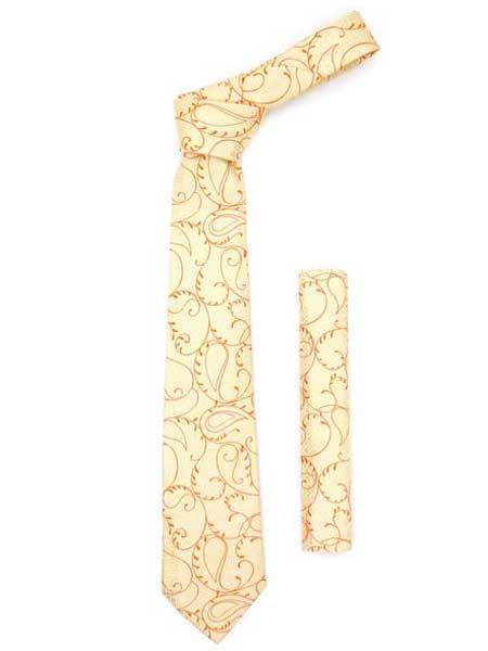  Floral Orange Design Gold Fashionable Necktie With Handkerchief Set