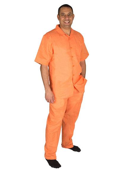  Men's Papaya Button Closure Short Sleeve 100% Linen 2 Piece Pleated Pant Shirt 