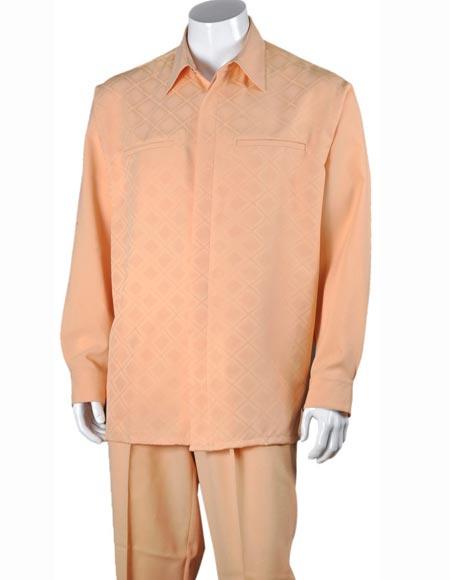  Men's 2 Piece Checked Pattern Button Front Polyester Classic Fit Peach Walking Suit