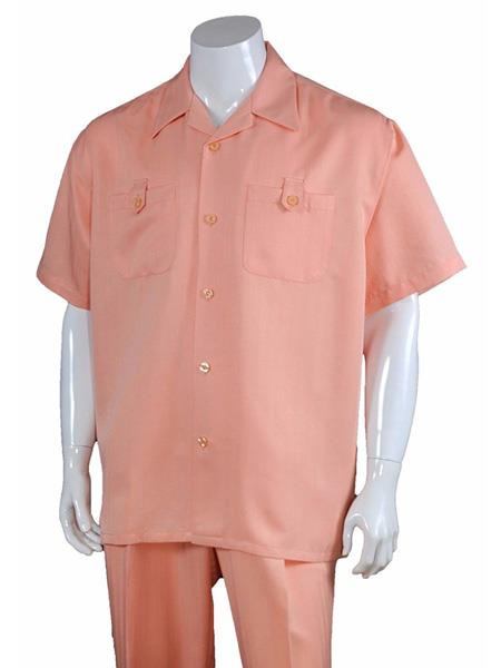  Men's 5 Button  Solid Peach Casual 100% Polyester Short Sleeve Walking Suits 