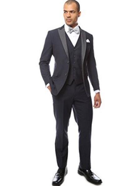 Men's Navy Blue Peak Lapel Two Toned 1920s tuxedo style Vested Suit 