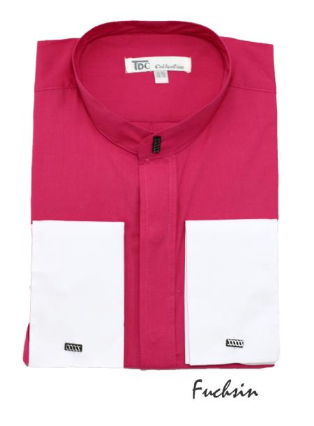 Fashion Hidden Button French Cuff no collar mandarin Collar Dress Shirt fuchsia ~ hot Pink 