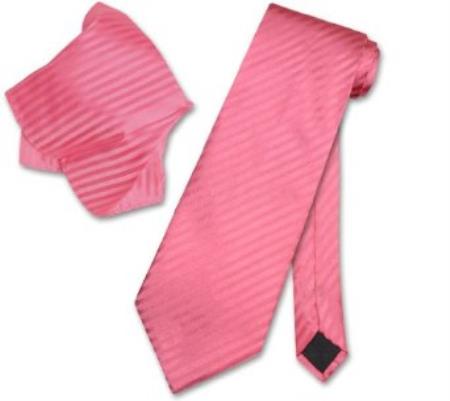 Coral ~ Peach Pink Striped Necktie & Handkerchief Matching Neck Tie Set 