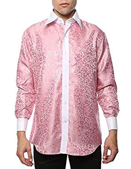 Men's Shiny Satin Floral Spread Collar Paisley Dress Shirt Flashy Stage Colored Two Toned Woven Casual Pink-White