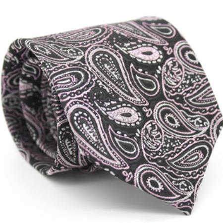 Slim narrow Style Pink & Liquid Jet Black Classic Paisley Necktie with Matching Handkerchief - Tie Set 