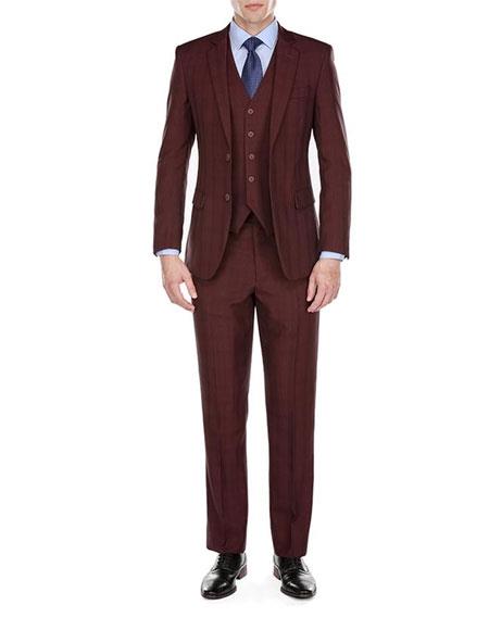  Men's Plaid Check 2 Button Notch Lapel Burgundy Modern-Fit Suits