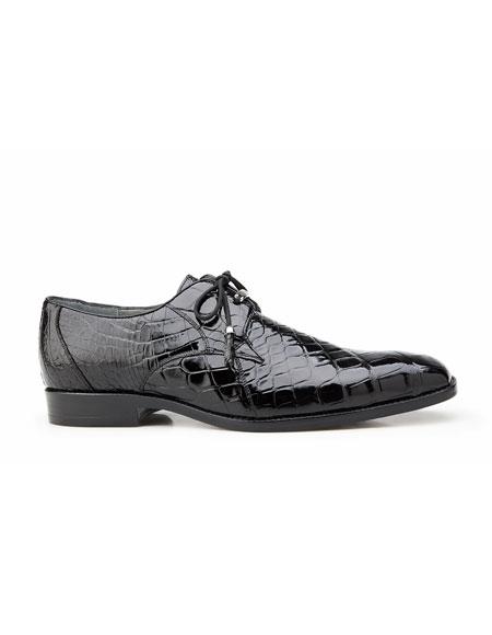  men's Black Plain Toe Genuine Alligator Tassel Laces Belvedere Shoe