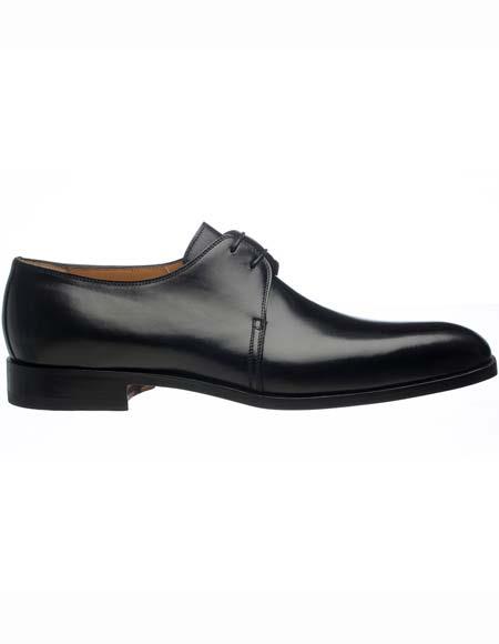  Men's Ferrini Black Italian Leather Sole Plain Toe French Calfskin Derby Shoes