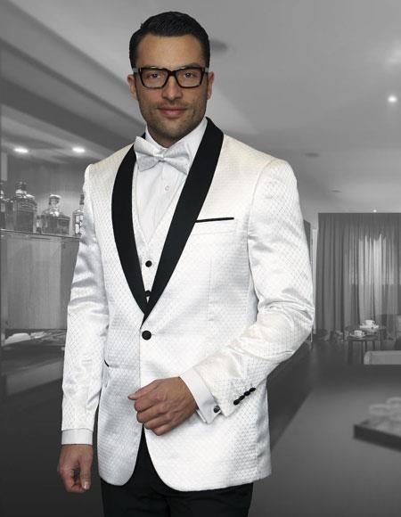  Men's Polk Dot ~ Geometric Tuxedo Suit Shawl Lapel Two Toned Vested White Suits 