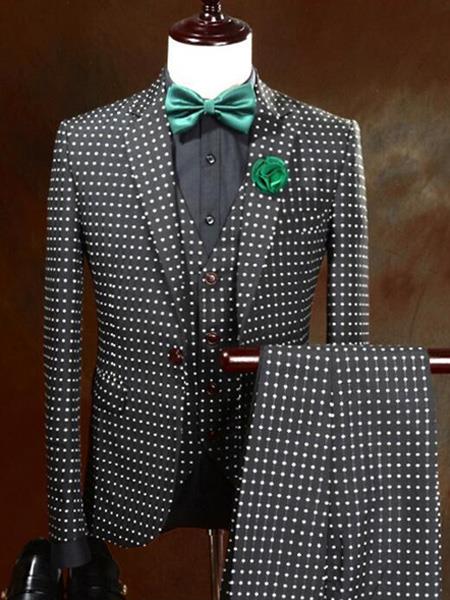  men's One Button Polka Dot Designed Black Vested Suit
