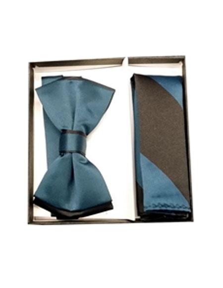 men's Black / Blue Saphire Polyester Satin dual colors classic Bowtie with hankie