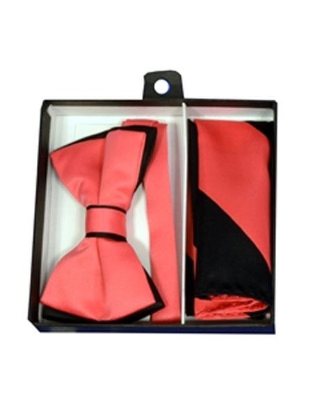  men's Polyester Black/Coral Satin dual colors classic Bowtie with hankie