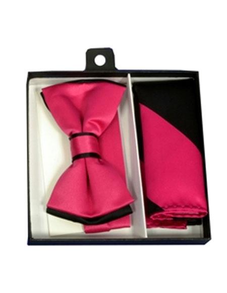  men's Polyester Black/Hot Pink Satin dual colors classic Bowtie with hankie