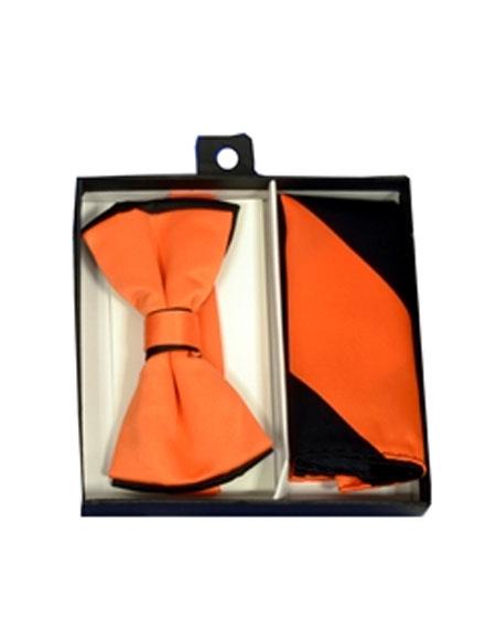  men's Polyester Black/Orange Satin dual colors classic Bowtie with hankie