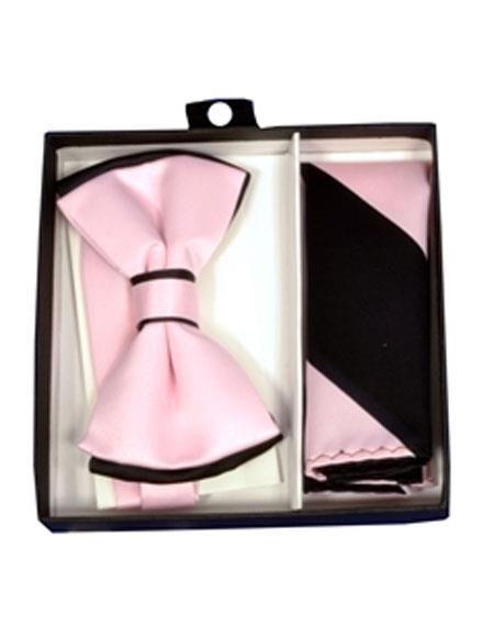  men's Polyester Black/Pink Satin dual colors classic Bowtie with hankie