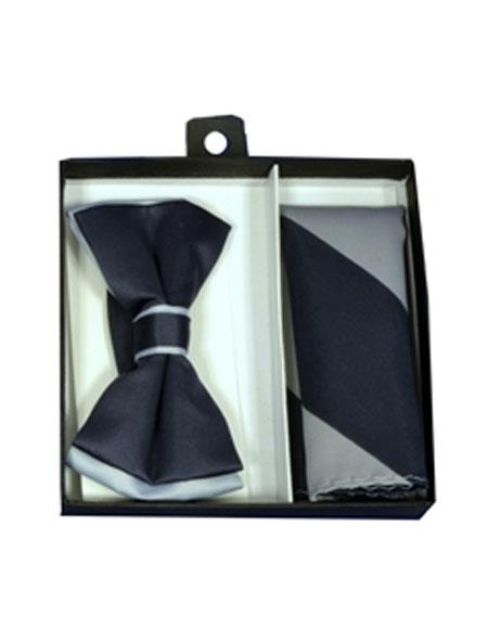  men's Polyester Gray / Charcoal Satin dual colors classic Bowtie with hankie