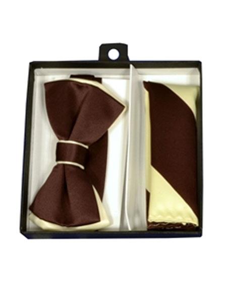  men's Ivory / Brown Polyester Satin dual colors classic Bowtie with hankie
